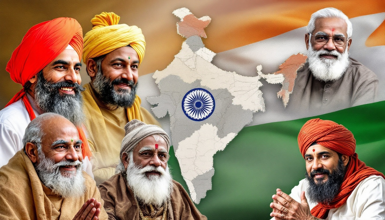 A collage showing Hindus, Sikhs, Buddhists, Jains, Parsis and Christians across South Asia, with a map and the Indian flag in the background. Image created with AI.