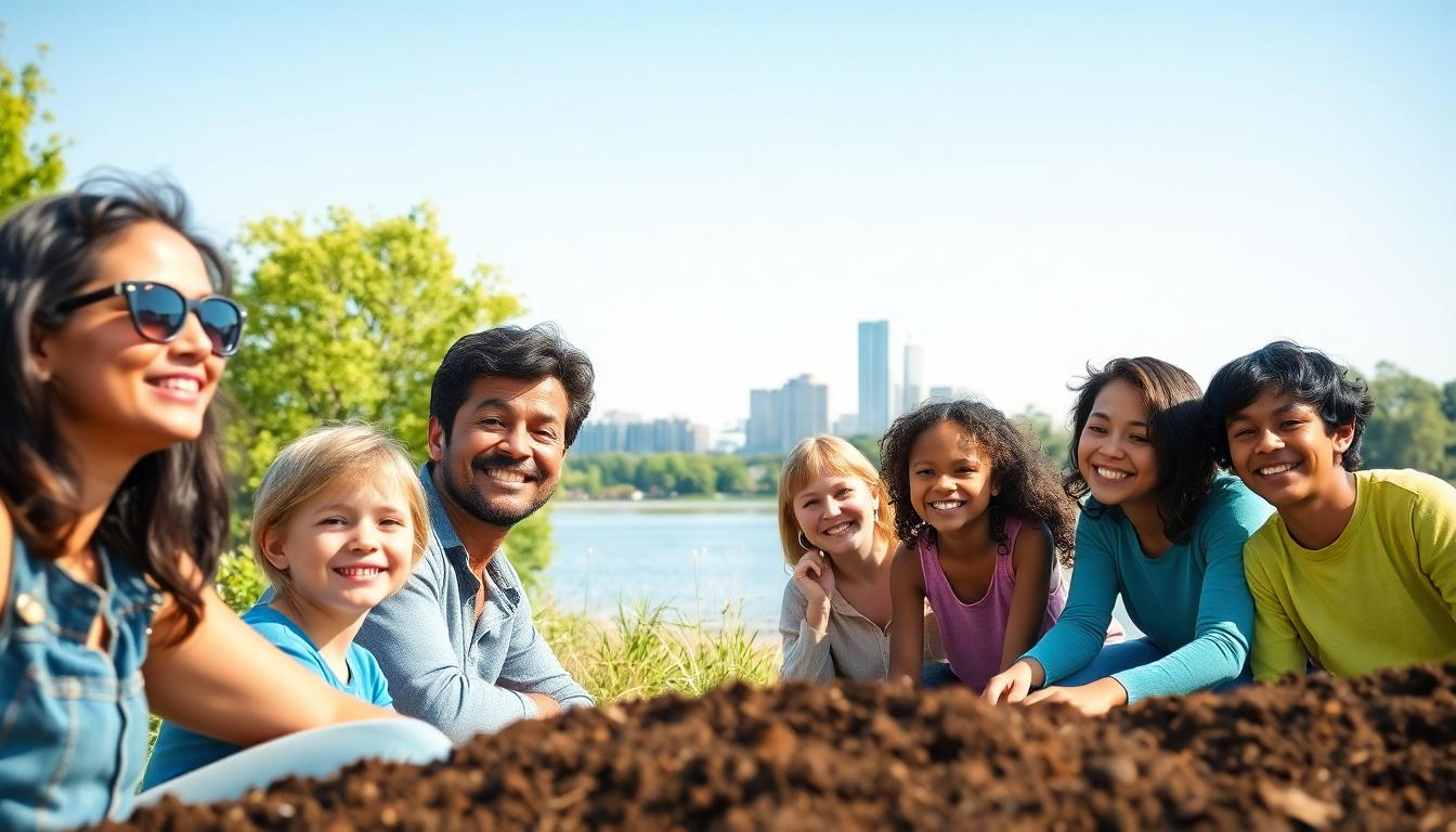 Clean air, water, and soil in a safe outdoor environment with diverse people enjoying nature