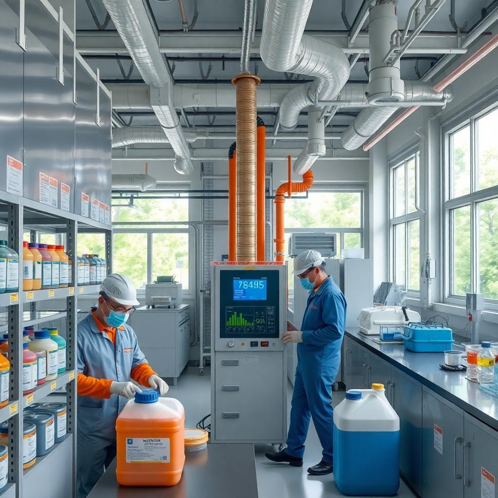 Safe workplace with workers wearing PPE handling chemicals, labeled shelves and emission monitors