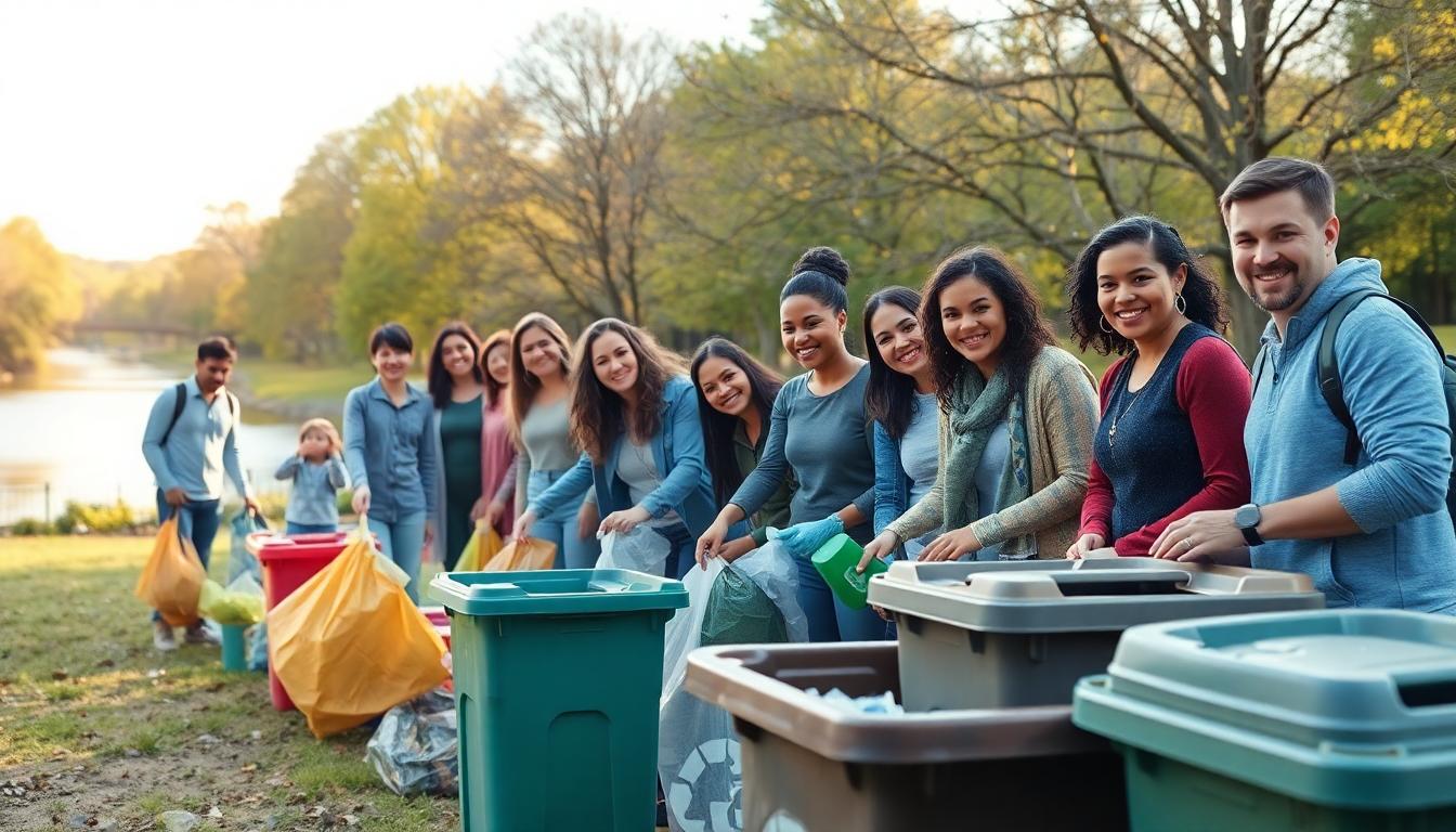 Community members cleaning park and sorting recycling bins, natural sunlight on greenery