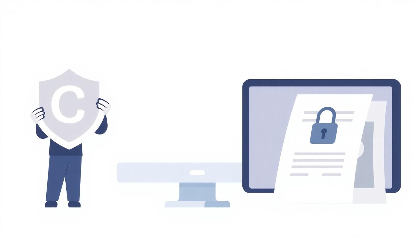 Illustration of a confident creator using a copyright shield, legal documents, and secure technology. Image created with AI.