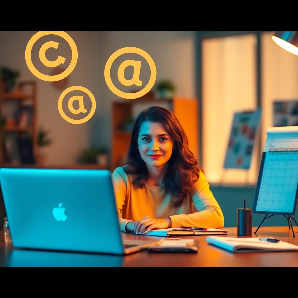 A content creator's desk with laptop, sticky notes, and watermark overlay symbols, highlighting preventive measures like copyright notices and monitoring tech tools, warm lighting. Image created with AI.