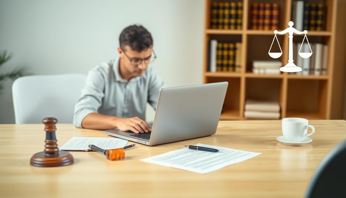 A focused content creator drafts a careful takedown notice on a laptop amidst legal papers and small symbols of justice, reflecting the serious yet approachable nature of protecting original work under Indian law. Image created with AI.