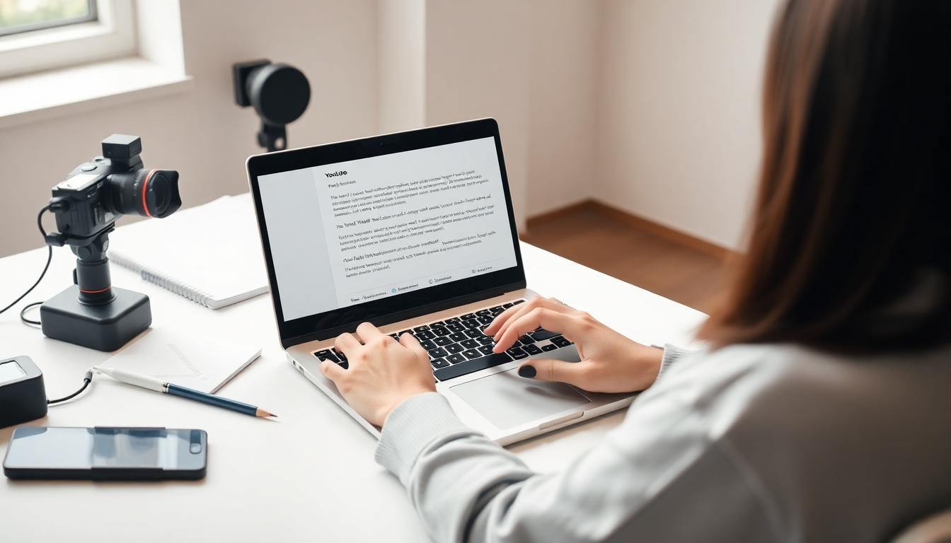 Person writing a YouTube appeal email on a laptop at a neat desk in natural light
