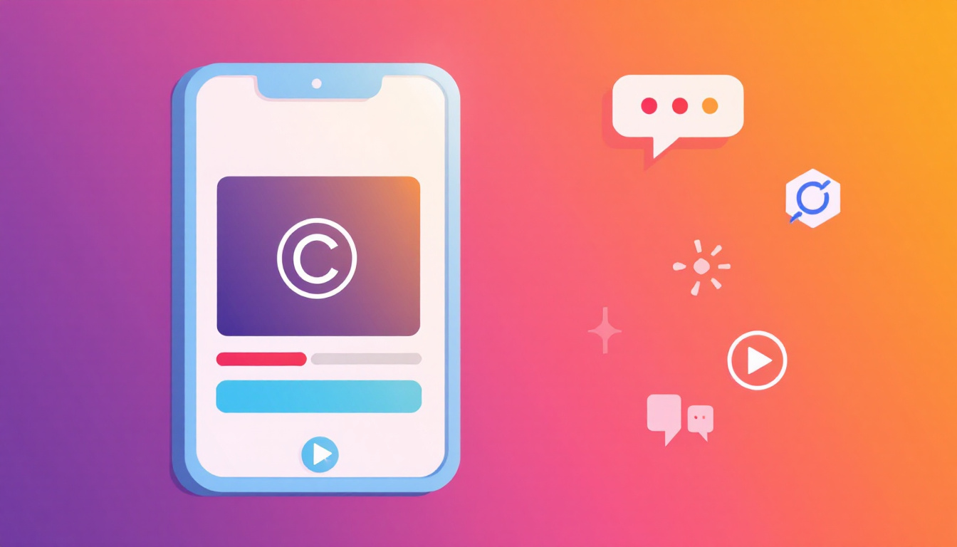 Illustration of a smartphone showing a reaction video with copyright icons and commentary bubbles