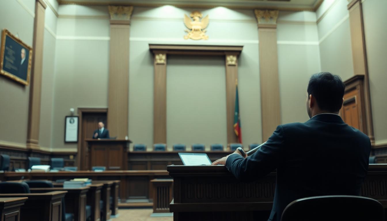 Courtroom scene with a gavel, invoices, and GST audit paperwork, signaling the intersection of law and business compliance. Image created with AI.