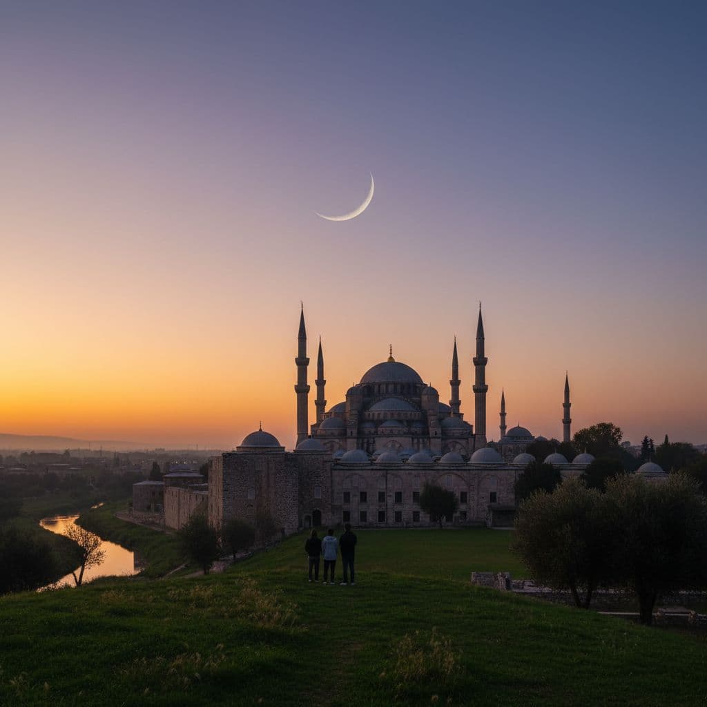 ধুল হিজ্জার চাঁদ দেখার মুহূর্ত, গোধূলির আলোয় মসজিদের মিনার ও সরু চাঁদ, শান্ত স্নিগ্ধ পরিবেশ