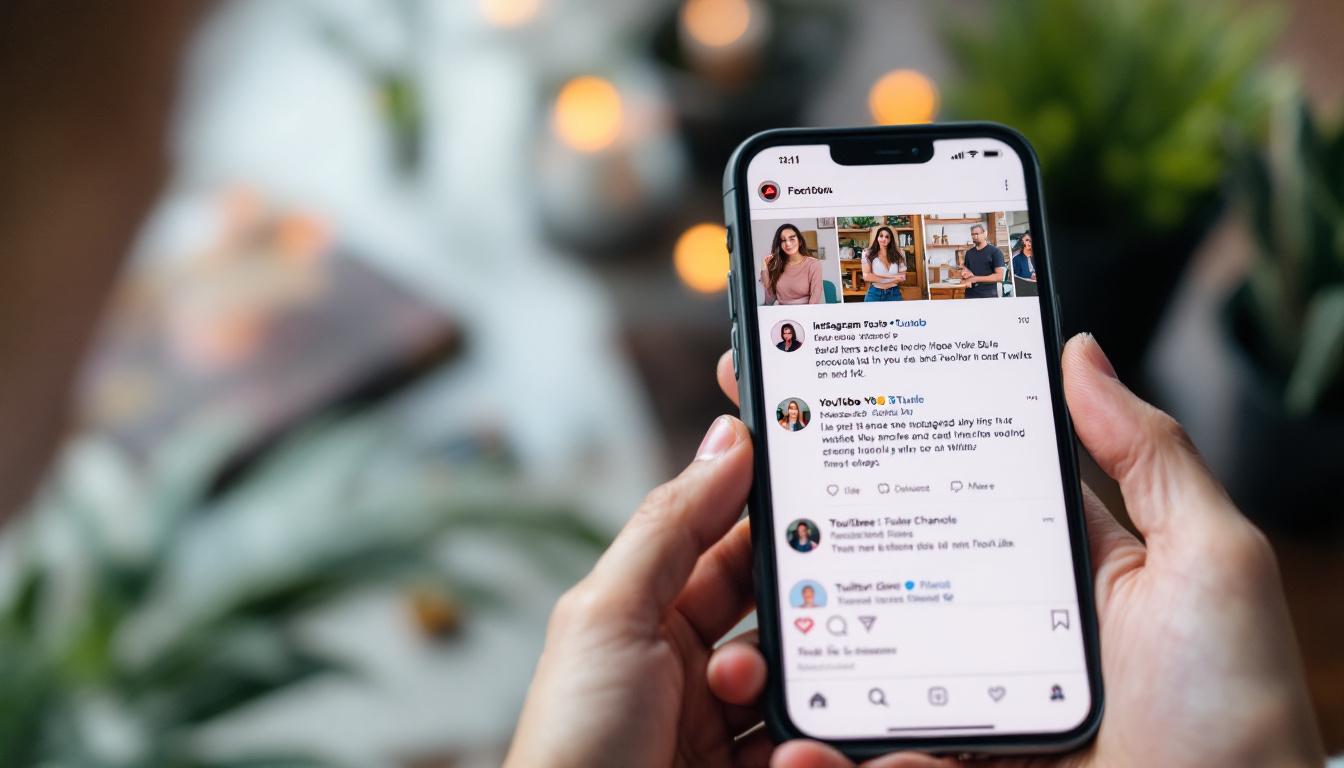 Cross-promotion concept with a phone screen showing Instagram, YouTube, and Twitter posts linking two channels, behind the scenes vibe