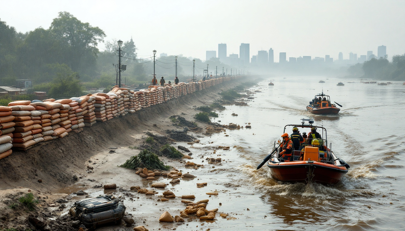 Flood preparedness along the Yamuna river in Delhi: sandbags, patrol boats, and emergency responders in action.