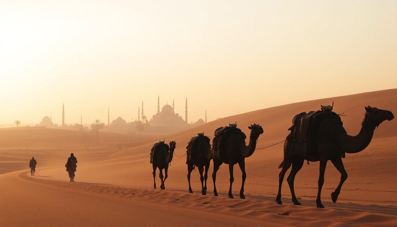 Desert caravan heading toward Medina in evening light