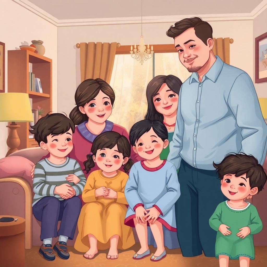 A loving family gathered together in a cozy home with parents and children, reflecting Islamic values of family and stability. Image created with AI.