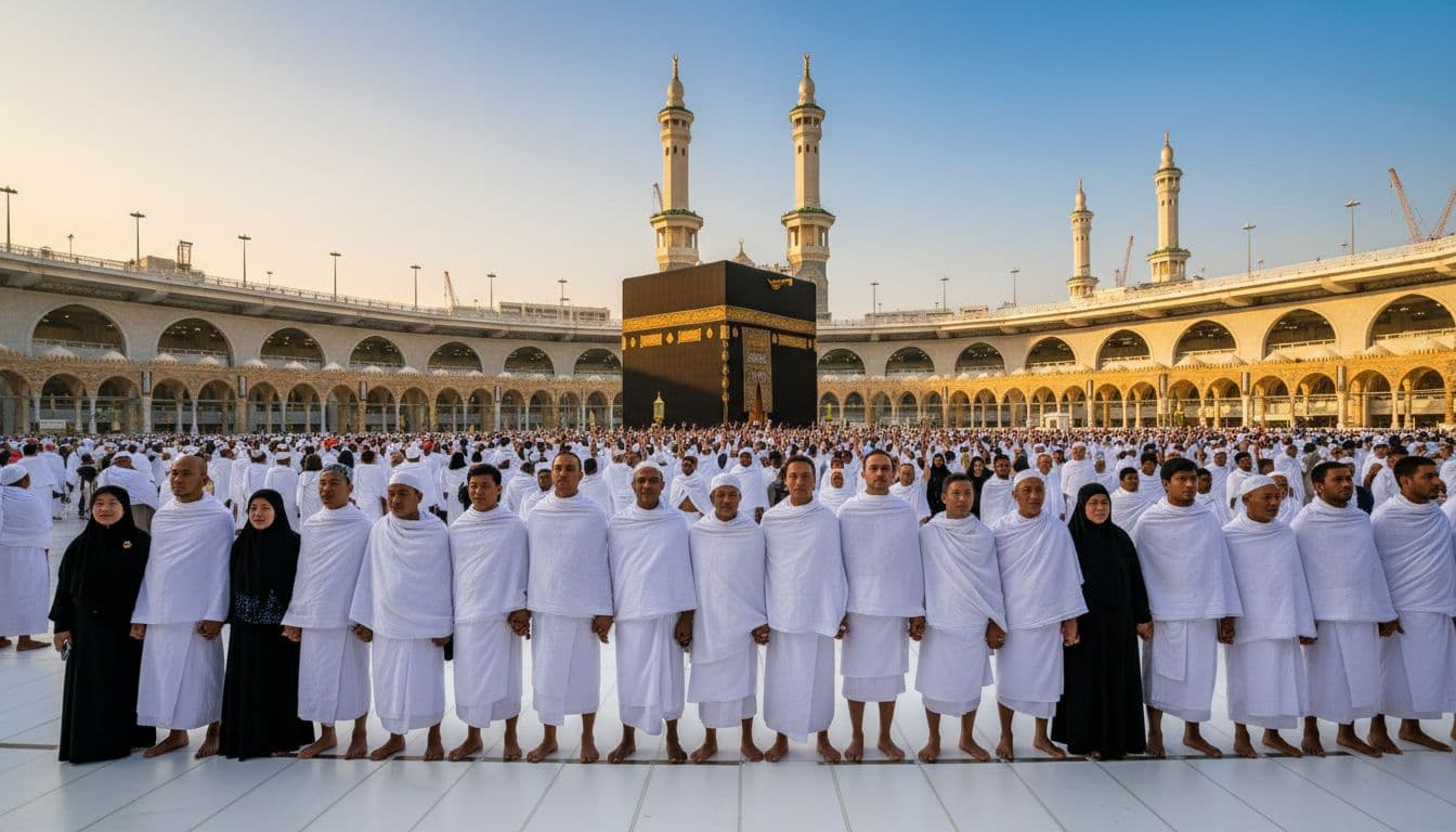 ইহরামে সমতা ও ঐক্যের প্রতীকী দৃশ্য, কাবার সামনে হাজিদের দাঁড়ানো