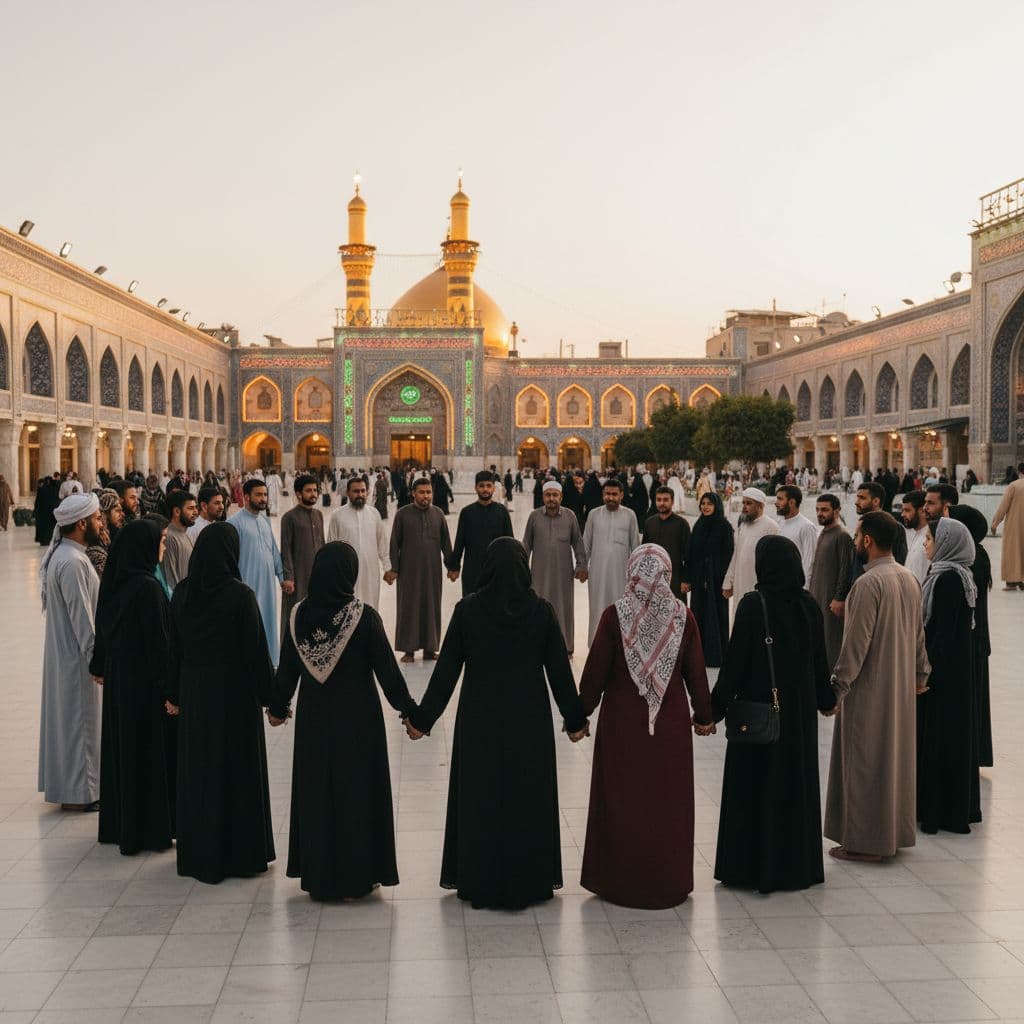 কারবালা মাজারের পাশে নানা পটভূমির মুসলিমরা হাত ধরে বৃত্তে দাঁড়িয়ে, শান্ত আলোয় ঐক্য ও পারস্পরিক সম্মানের প্রতীক। Image generated by AI