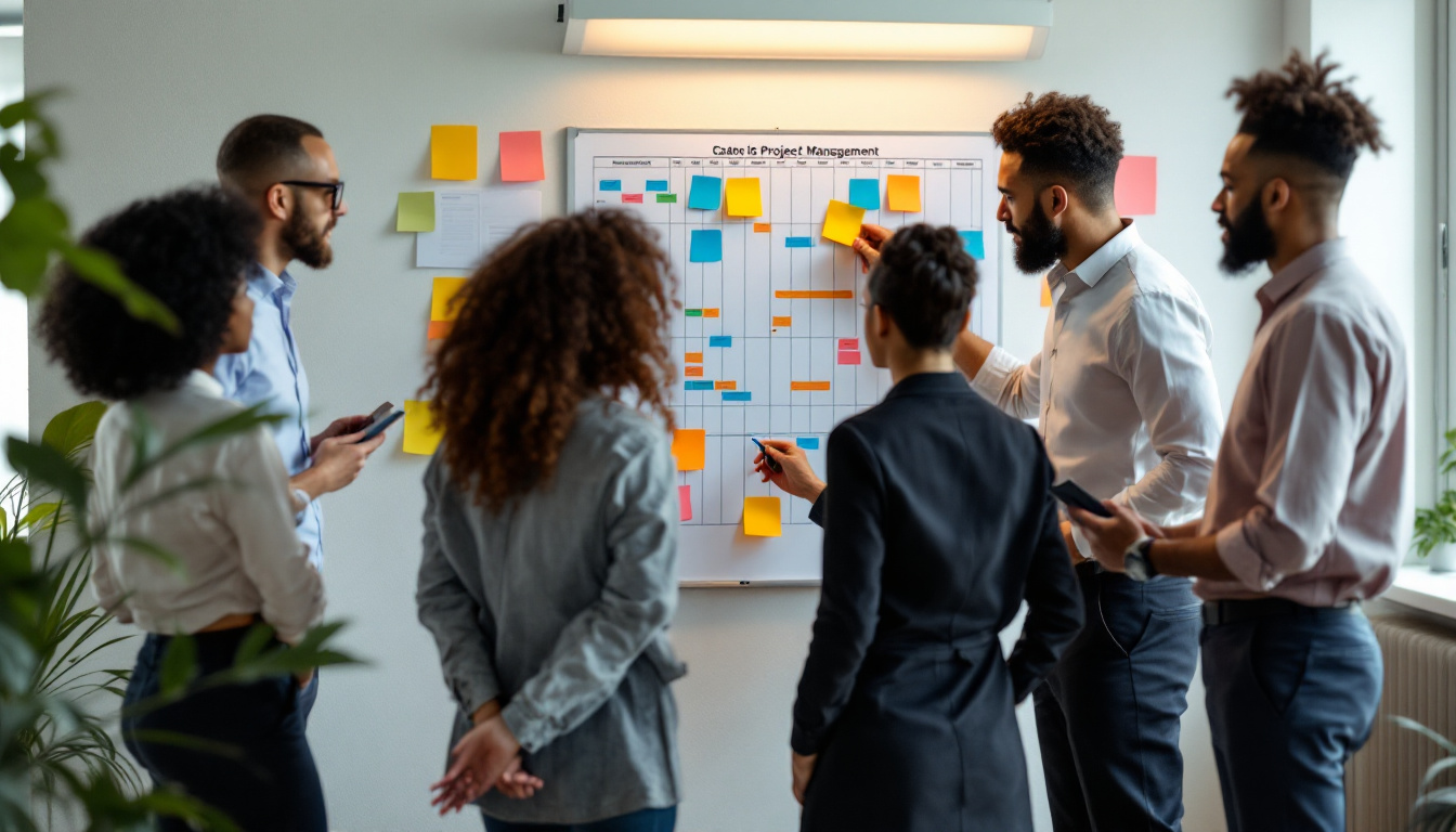 A diverse team of mid-level professionals (aged 28-35) in a bright modern office, collaborating on a project management board with Gantt charts, timelines, and sticky notes. Warm colours, professional attire, focus on teamwork and strategy. Image created with AI.