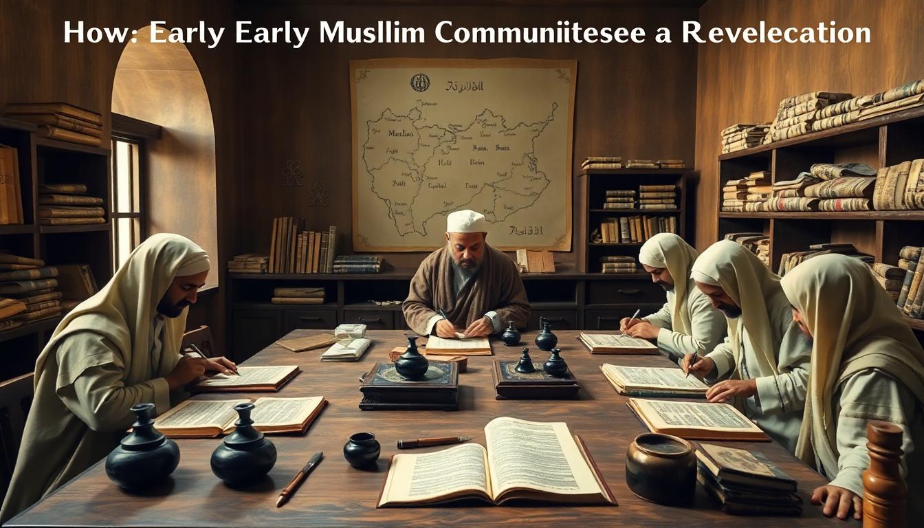 Scribes working under Uthman’s direction carefully preparing multiple copies of the standardized Qur’an, surrounded by inkpots, parchments, and scrolls in a structured workspace. Image created with AI.