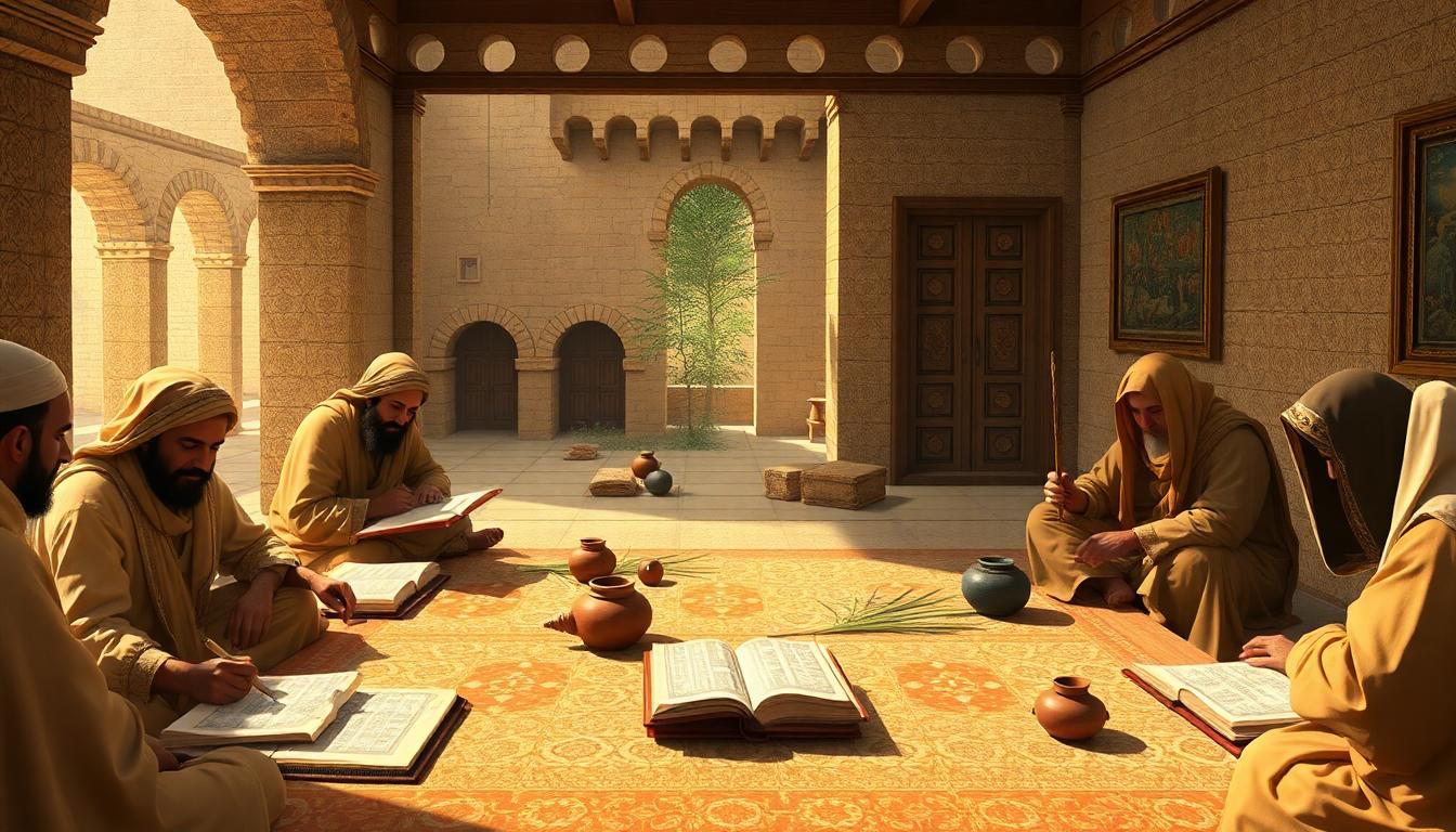 Early Muslim scholars and scribes in a courtyard, attentively recording and reciting revelation with parchment, palm leaves, and inkpots. Warm lighting shows focused collaboration, historically styled and AI-created.