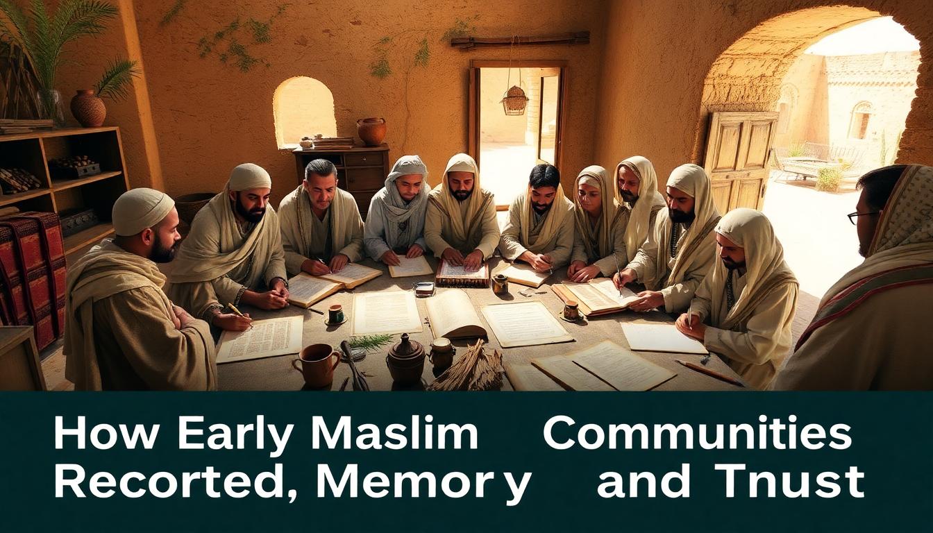 Early Muslim scribes and memorizers diligently compiling revelation manuscripts in a 7th-century study room, surrounded by palm leaves, parchments, inkpots, and reed pens. The atmosphere is focused and collaborative. Image created with AI.