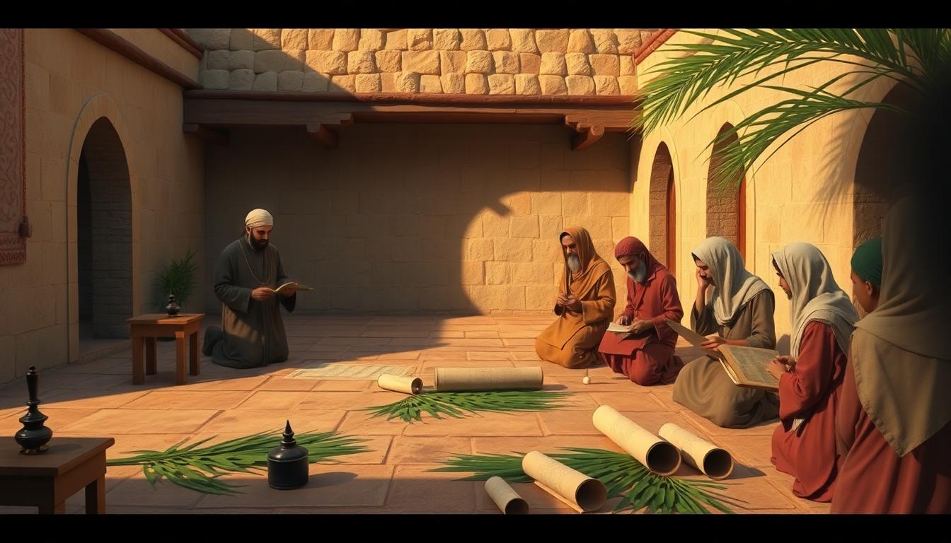 A courtyard scene in a 7th-century mosque or house setting where a teacher guides scribes who copy verses onto parchment. A line of inkstands, parchment rolls, and a spread of palm leaves nearby. Warm, soft lighting, focus on collaboration. Image created with AI.