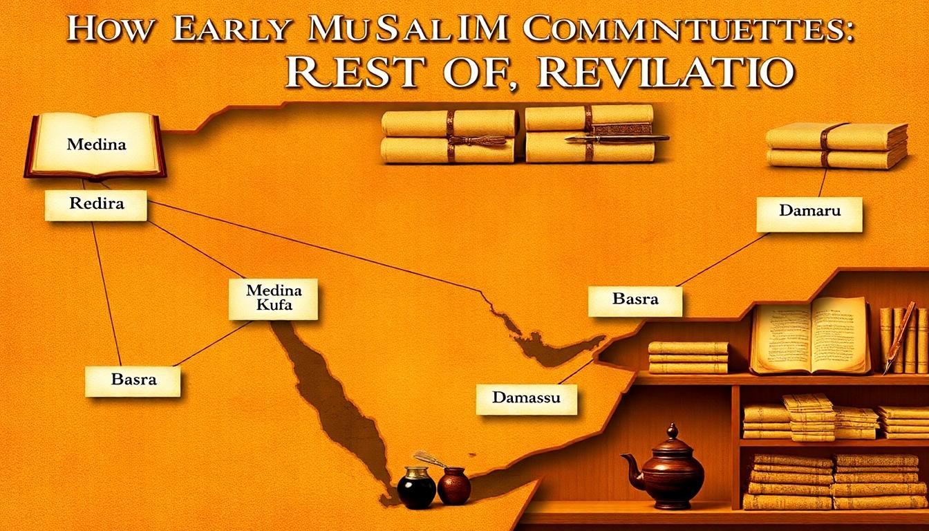 Map visualization showing distribution of the standardized Uthmanic Qur’an copies to cities like Medina, Kufa, Basra, and Damascus, connecting early Muslim provinces through shared texts. Image created with AI.
