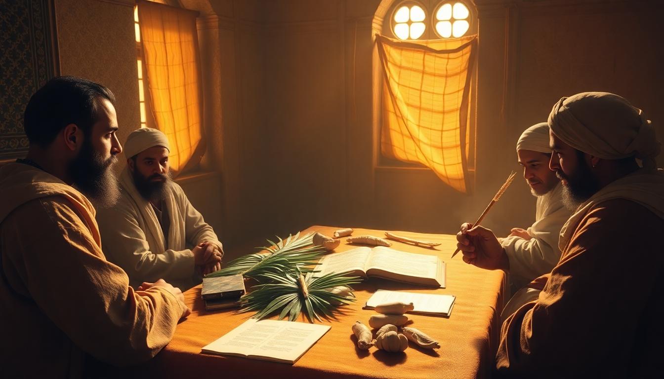 A 7th-century study scene in a sunlit room showing a scribal table with palm leaves, parchment, leather, and bones used as writing surfaces. A scribe uses a reed pen to copy verses while students listen. Warm earthy tones, historical accuracy, intimate learning atmosphere. Image created with AI.