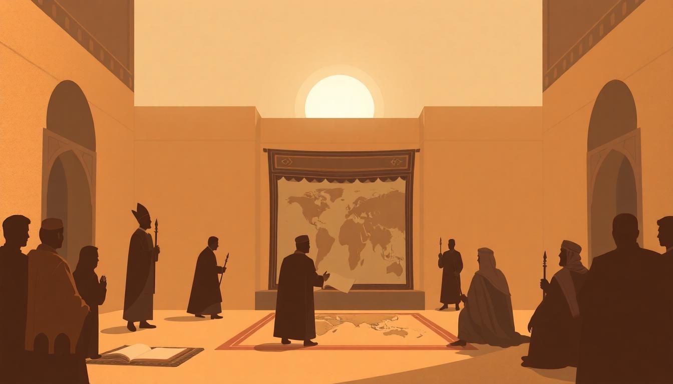 Symbolic illustration of early caliphs governing with scrolls, maps, and desert courtyard emphasizing political consolidation