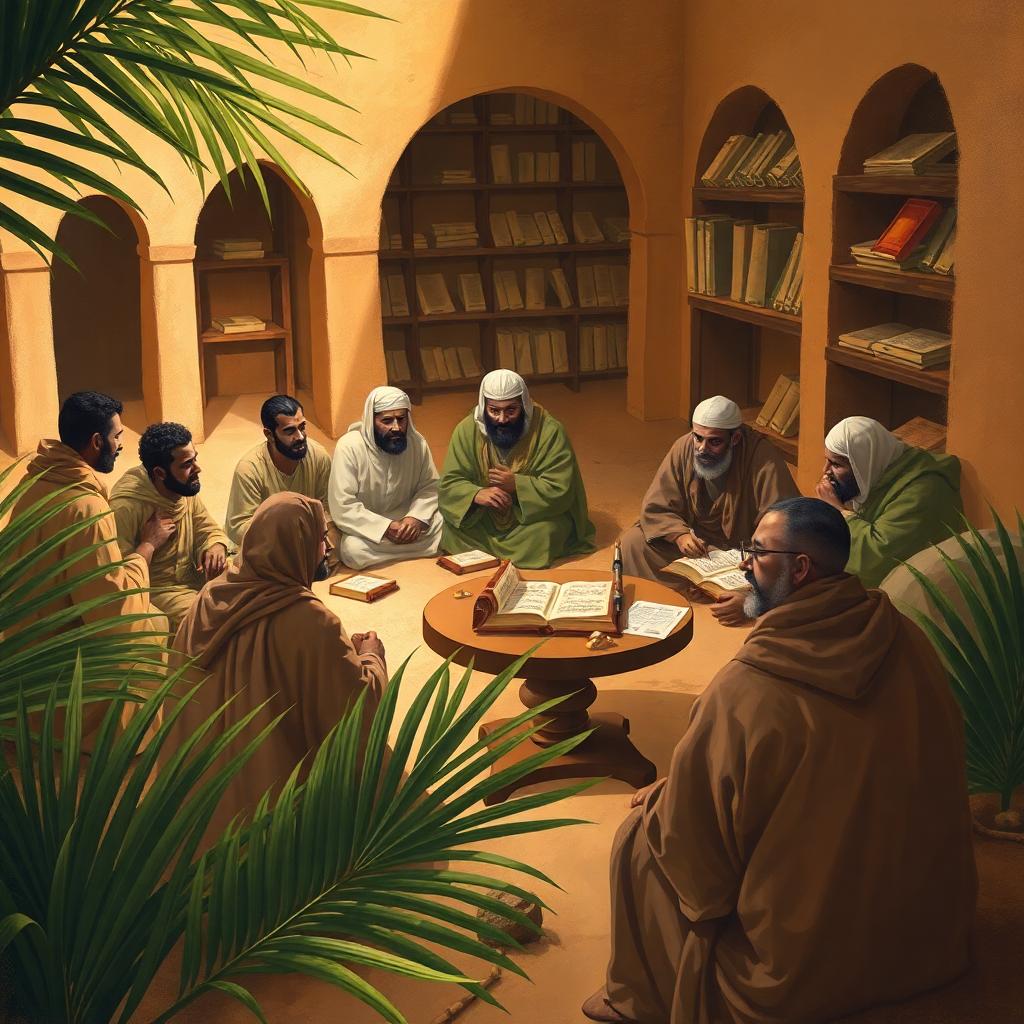 A historically grounded scene shows 7th-century Muslim scholars and students in a warm courtyard, reciting together and reviewing written verses under the watchful eyes of teachers. Community verification and trust are at the core of the scene. Image created with AI.