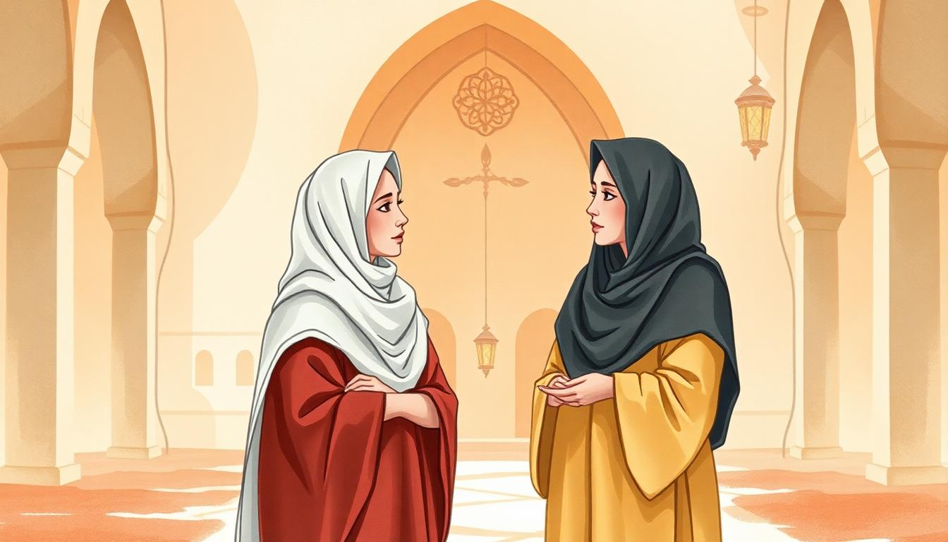 AI-generated image of Khadijah and Aisha, two early Muslim women scholars, in a historical Islamic courtyard, teaching and discussing faith. Image created with AI.