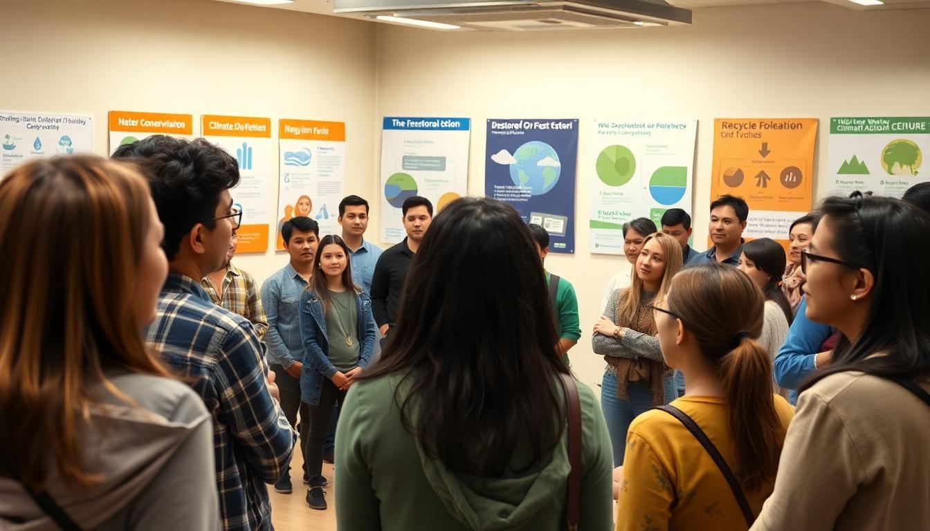 Community meeting with environmental safety posters and participants engaged in learning