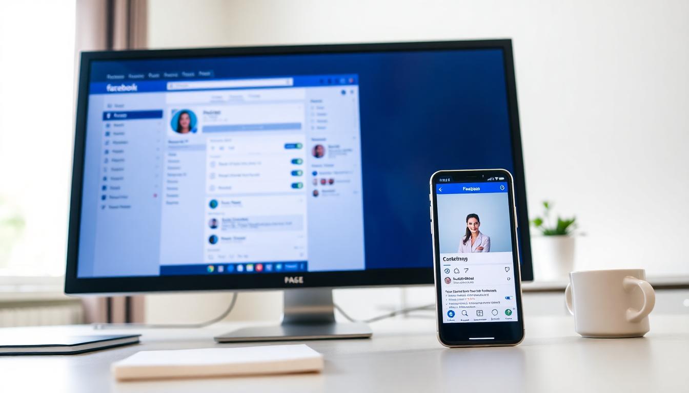 A modern workspace with Facebook Page settings open on a desktop and a phone. The setup is clean and organized, perfect for Page creation and branding. Image created with AI.