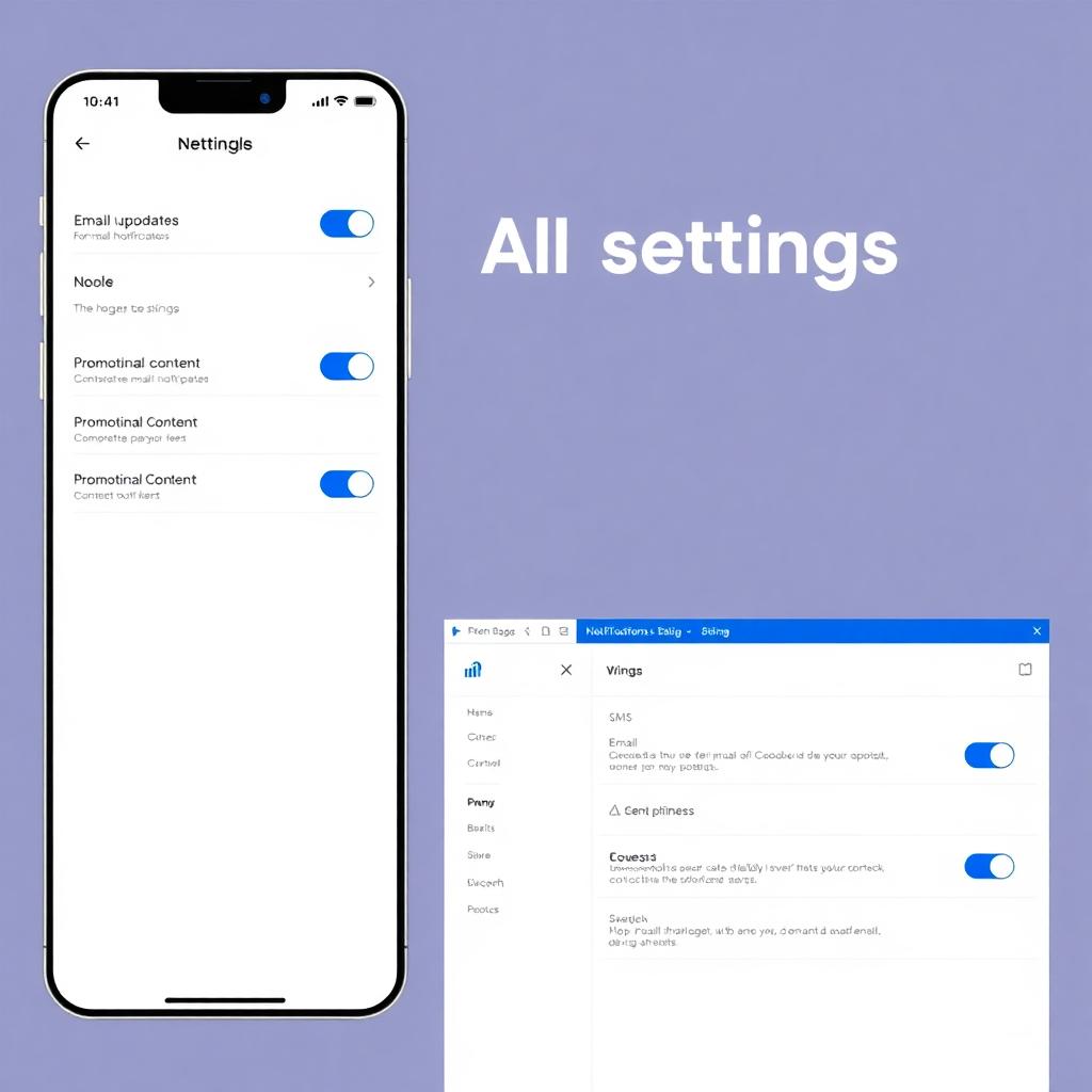 Facebook 2025 Email and SMS Communication Settings UI with toggles on mobile and desktop views