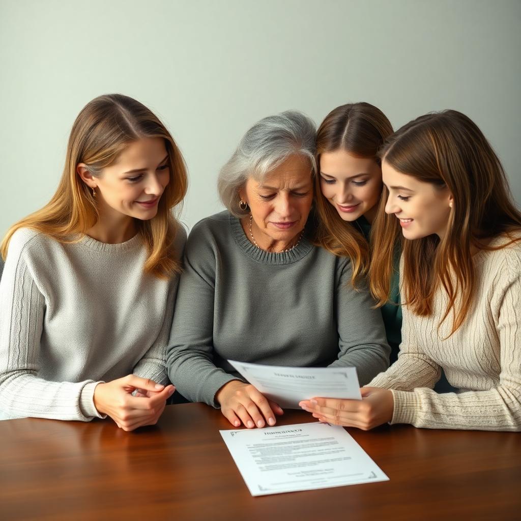 A family scene showing a mother and two daughters discussing inheritance with a document on the table, soft lighting, calm and respectful mood. Image created with AI.