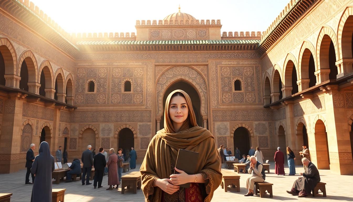 Fatima al-Fihri standing in front of the University of al-Qarawiyyin in Fez, with scholars reading manuscripts in a detailed courtyard. Image generated by AI.