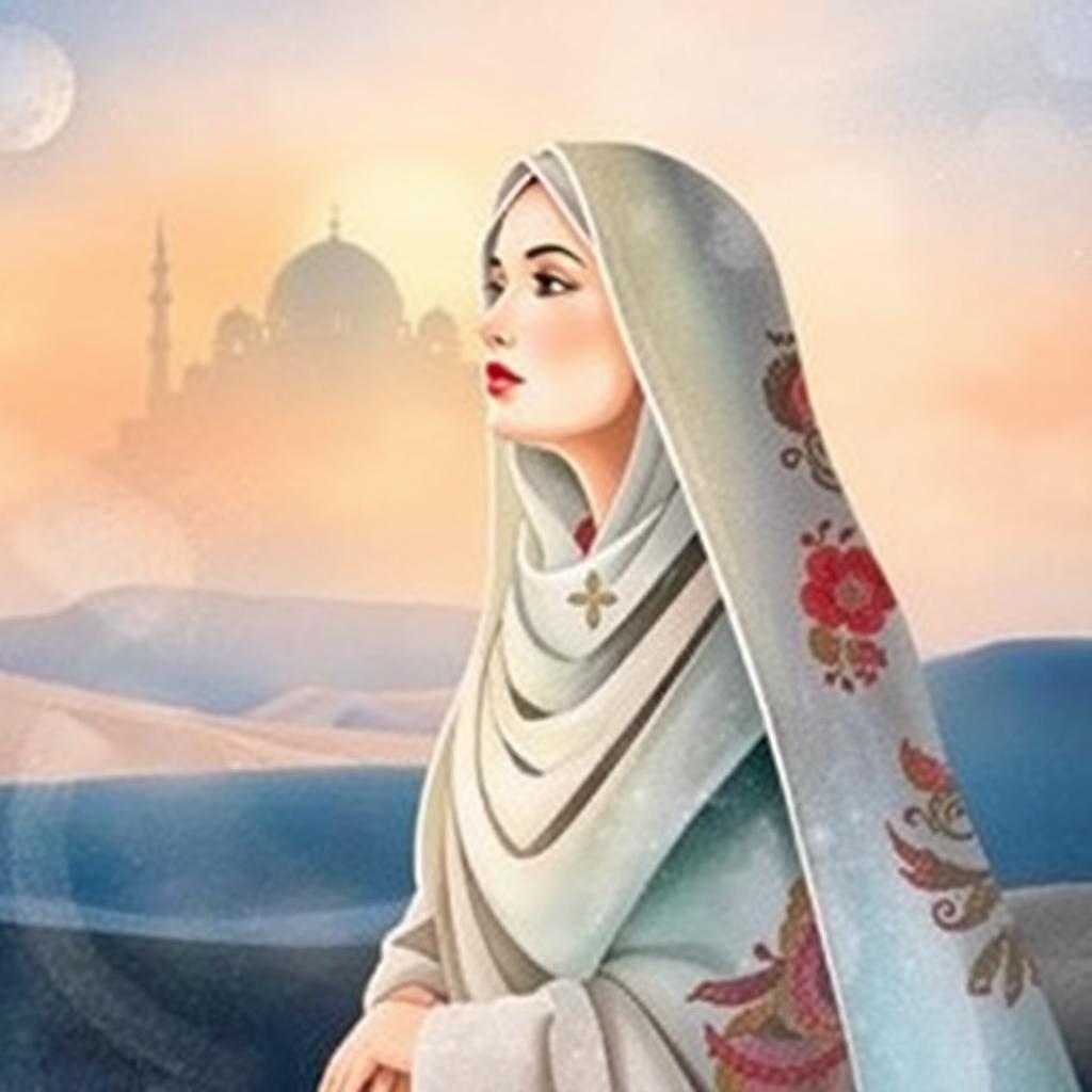 Fatimah bint Muhammad, daughter of the Prophet, depicted as a serene spiritual figure with soft desert twilight, symbols of lineage and faith, and mosque silhouette in the distance. Watercolor style. Image created with AI.