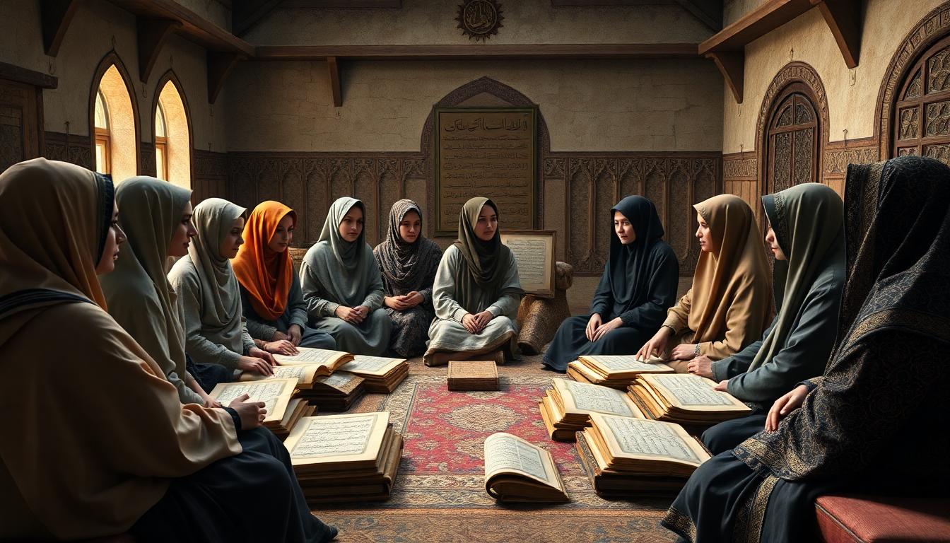 Circle of female Hadith scholars in a historic Islamic study room, sharing knowledge with scrolls and manuscripts. Image generated by AI.