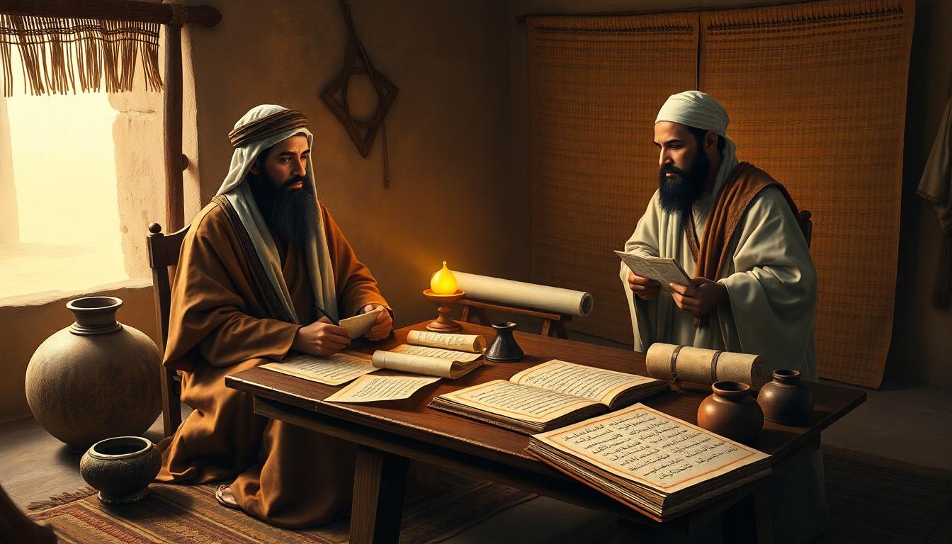 Illustration of Abu Bakr and Zayd ibn Thabit compiling the Quran in Medina