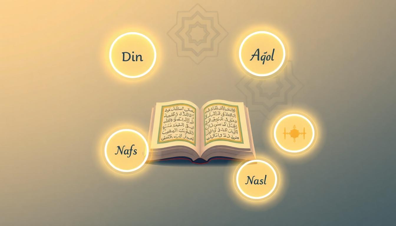 A calm, modern illustration with five glowing icons arranged around a central open Quran, each symbolizing Din, Nafs, Aql, Nasl, and Mal. Subtle Islamic patterns fill the background. Image created with AI.