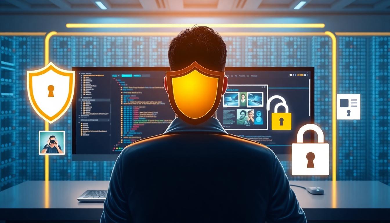 Futuristic digital shield protecting content on screens illustrating AI content and originality checks