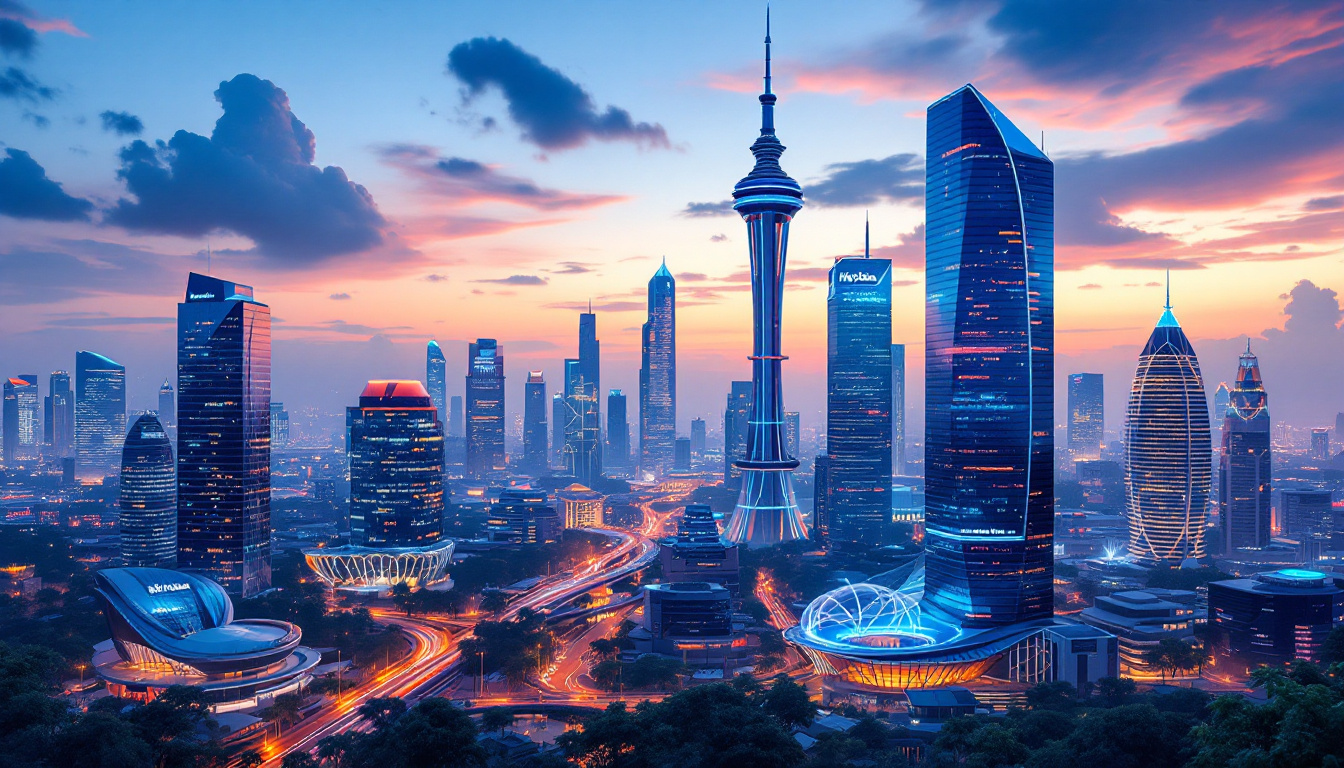 A futuristic Hyderabad tech hub skyline with glass towers and startups, vibrant night scene, digital art, high detail