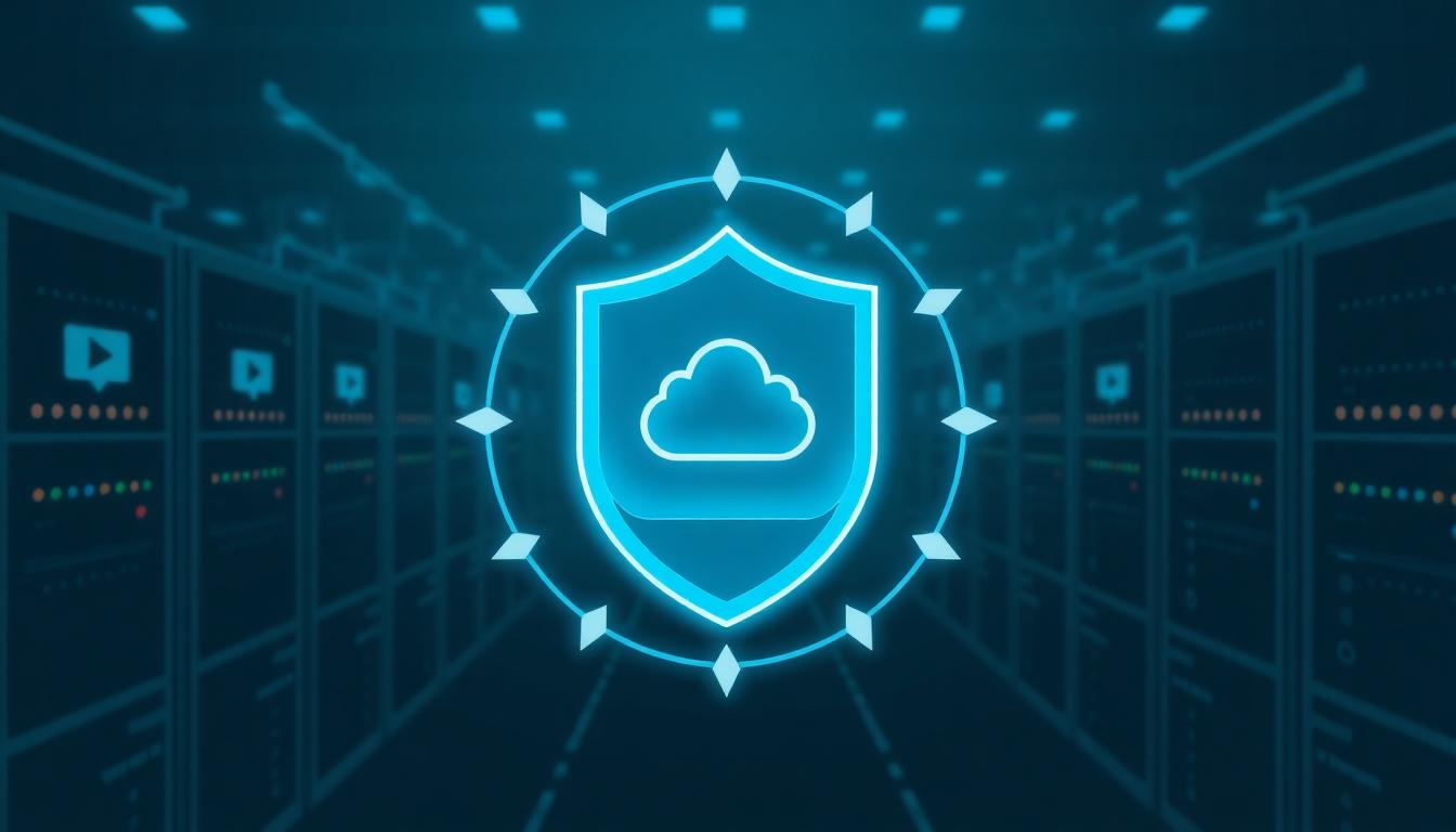 Futuristic shield icon over media icons and network servers representing DRM and CDN protection
