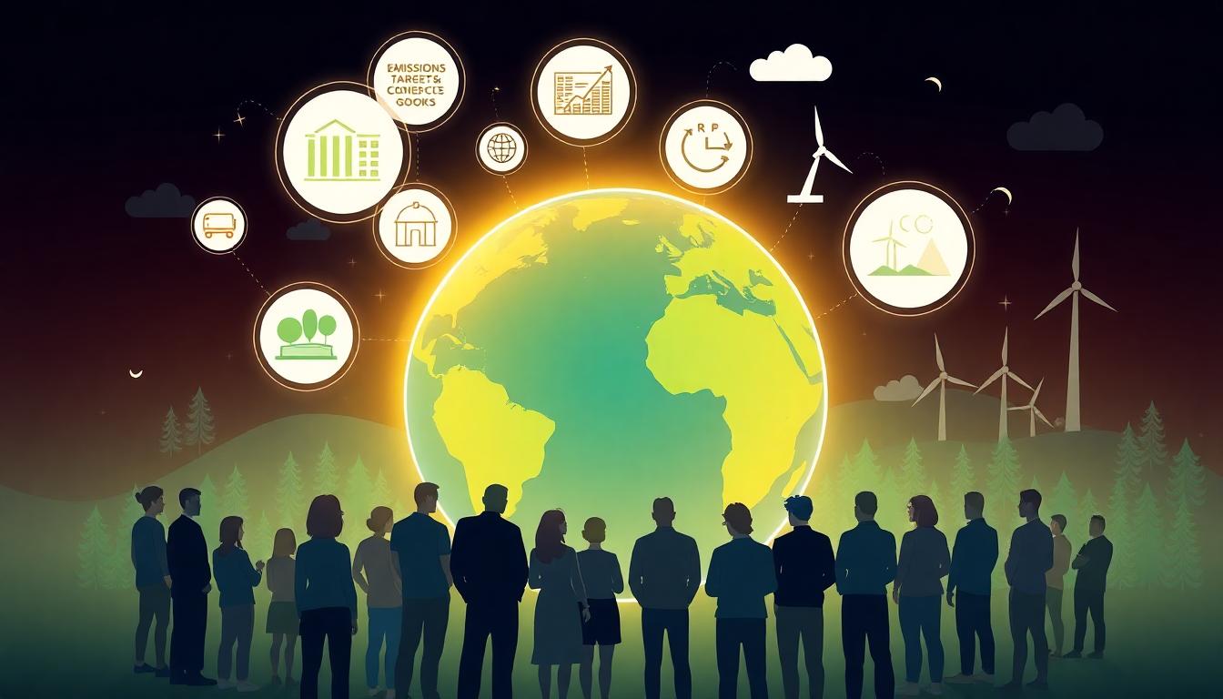 Global cooperation on environmental policies depicted with diverse people around a glowing globe and icons representing climate agreements and sustainable development