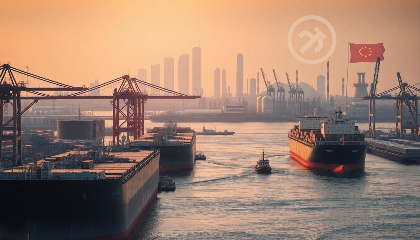 Busy oil port with tankers, Chinese city skyline, petrochemical plants, and abstract overlays of debt charts and tariff symbols reflecting trade tensions and sanctions impact on oil demand. Image created with AI.