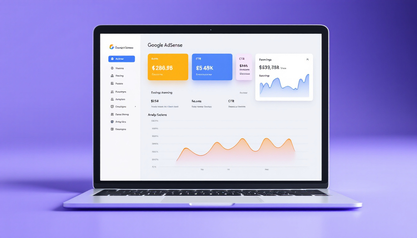 A laptop screen shows a modern Google AdSense dashboard with analytics and click-through rate charts, symbolizing website performance and income tracking. Image generated by AI.