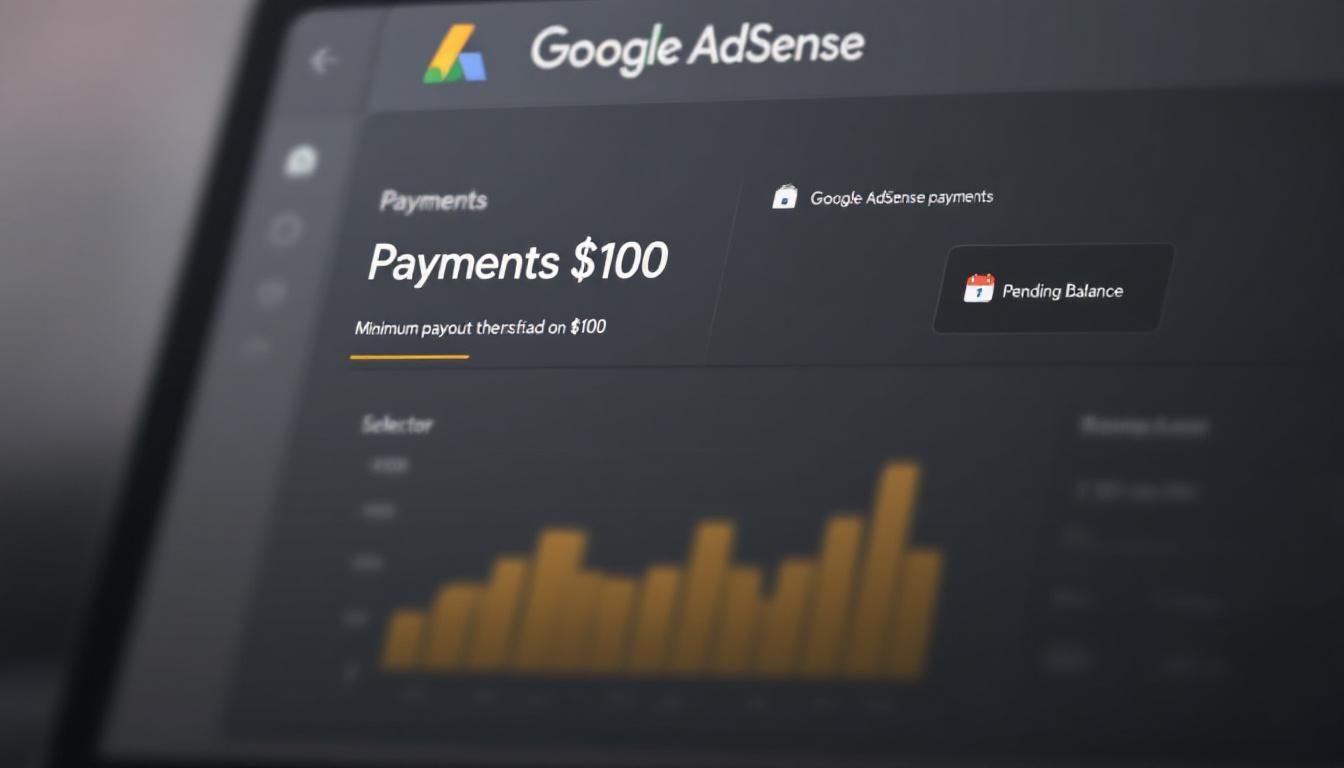 Google AdSense Payments dashboard highlighting payment threshold, currency settings, next payment date, and pending balance. Image created with AI.