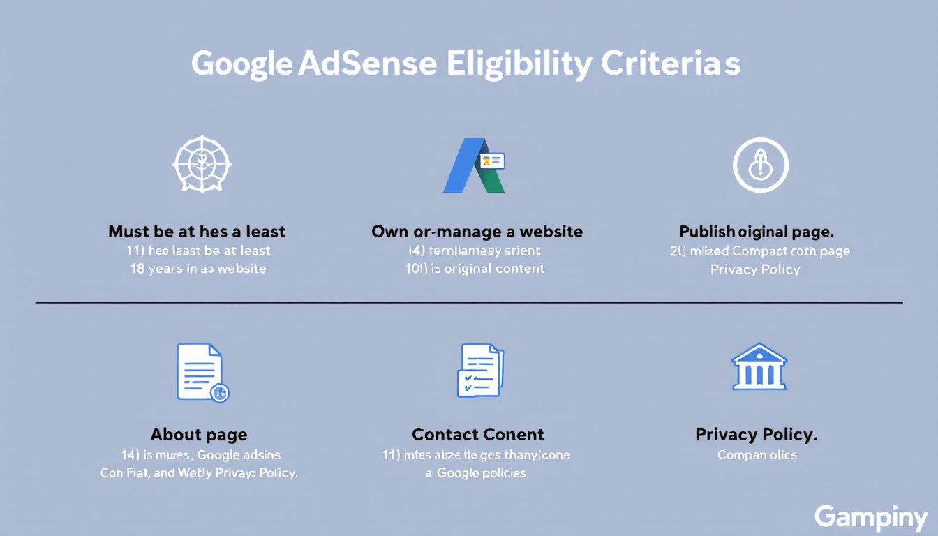A colorful infographic shows Google AdSense eligibility rules: 18 years or older, owning a website, original content, and having About, Contact, and Privacy Policy pages. Clean, easy-to-follow design. Image created with AI.