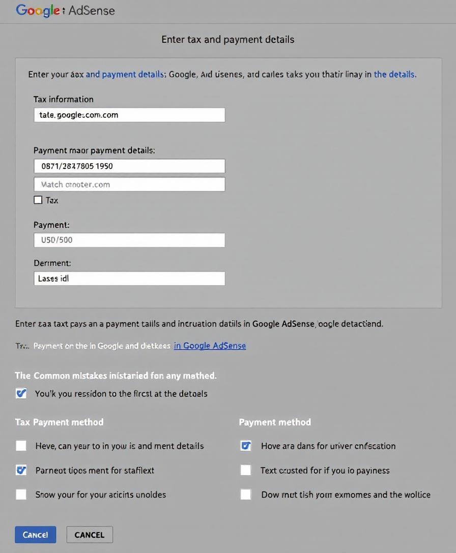 Entering tax and payment details in AdSense with common error checklist