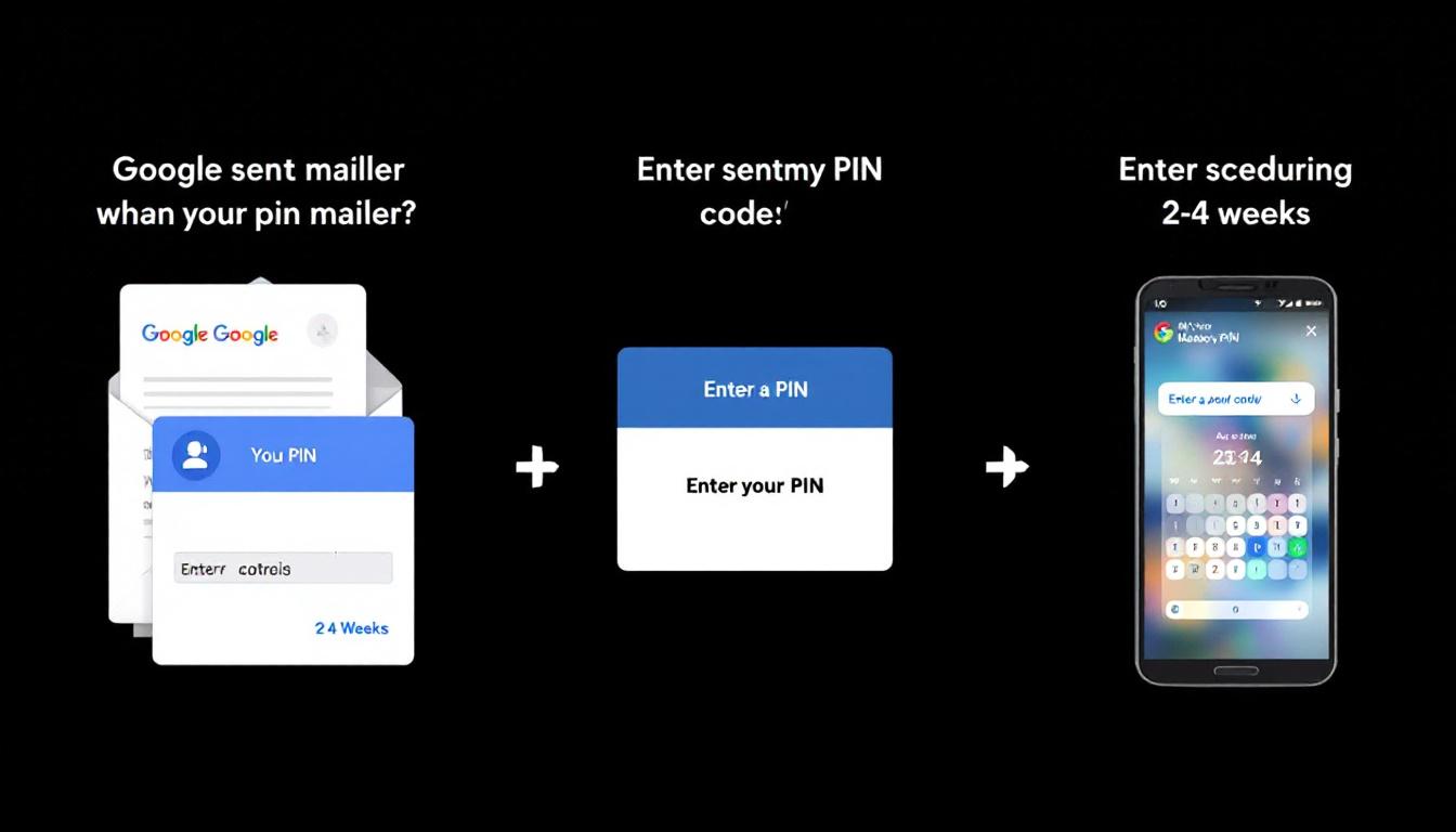 Google PIN mailer process with mail, PIN entry screen, calendar 2-4 weeks