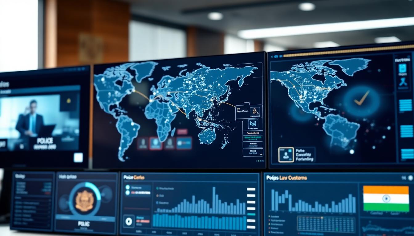 Government portal dashboard for international law enforcement showing real-time data exchange and cooperation