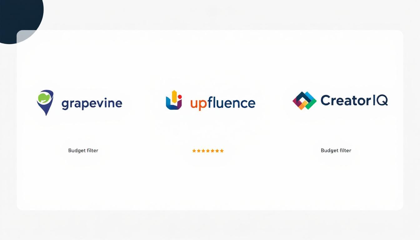 Graphic featuring Grapevine, Upfluence, and CreatorIQ logos. Budget filter icons and rating stars reinforce trust and ease of use. Image created with AI.