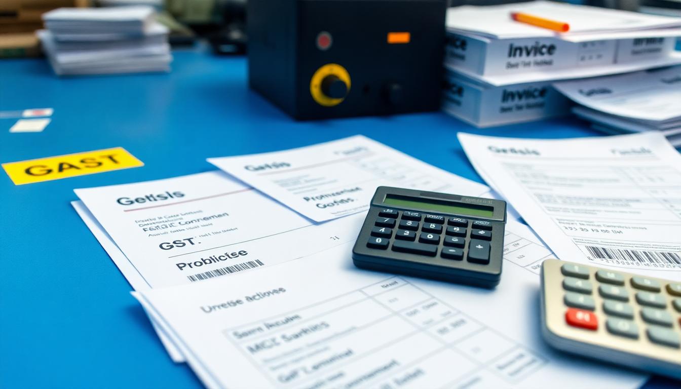 Close up of a factory floor with invoices, barcode labels, and a calculator representing GST compliance. Image created with AI.