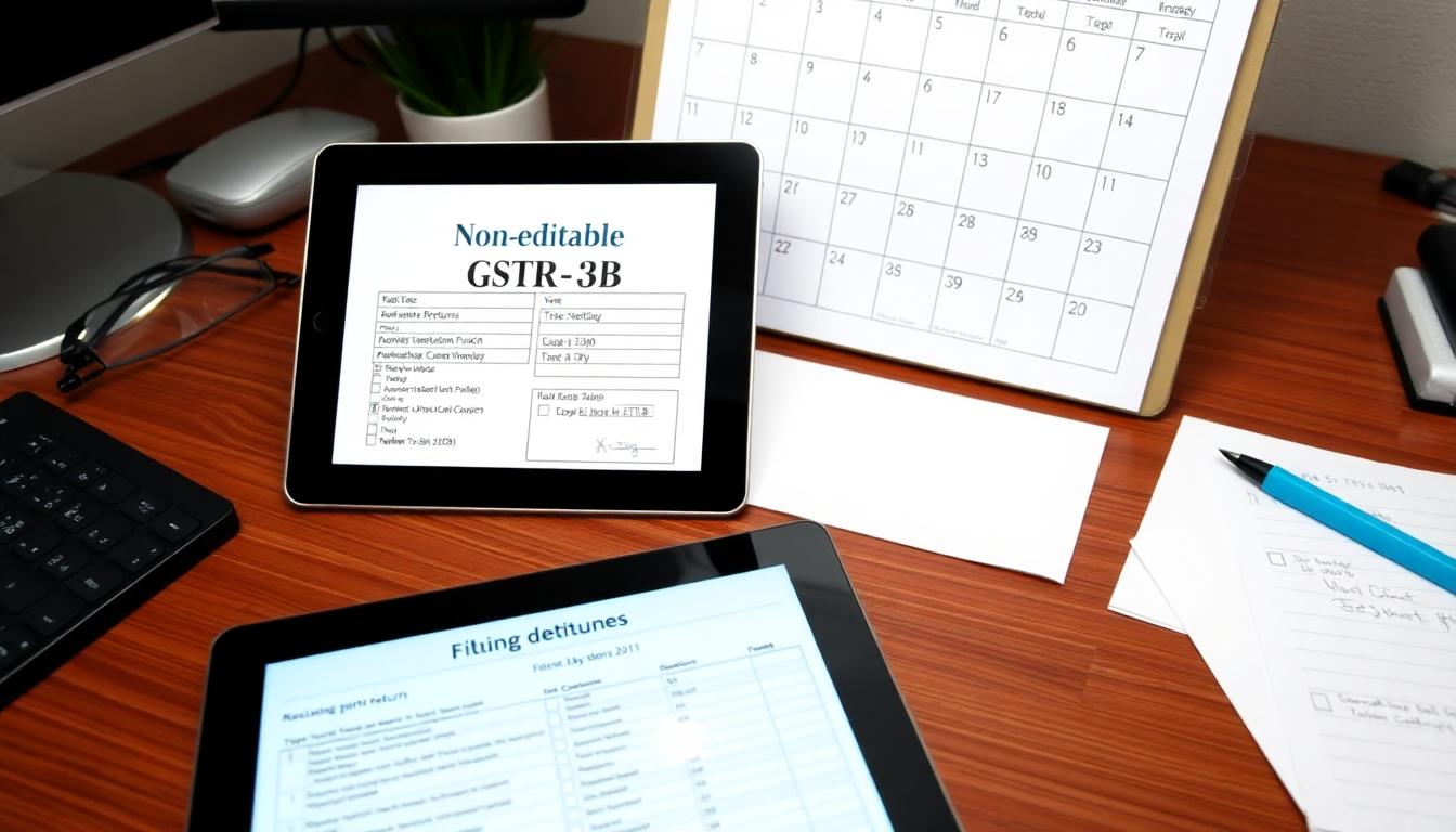 Office scene showing non-editable GSTR-3B returns, a filing deadline calendar, and a checklist on a desk. Image created with AI.